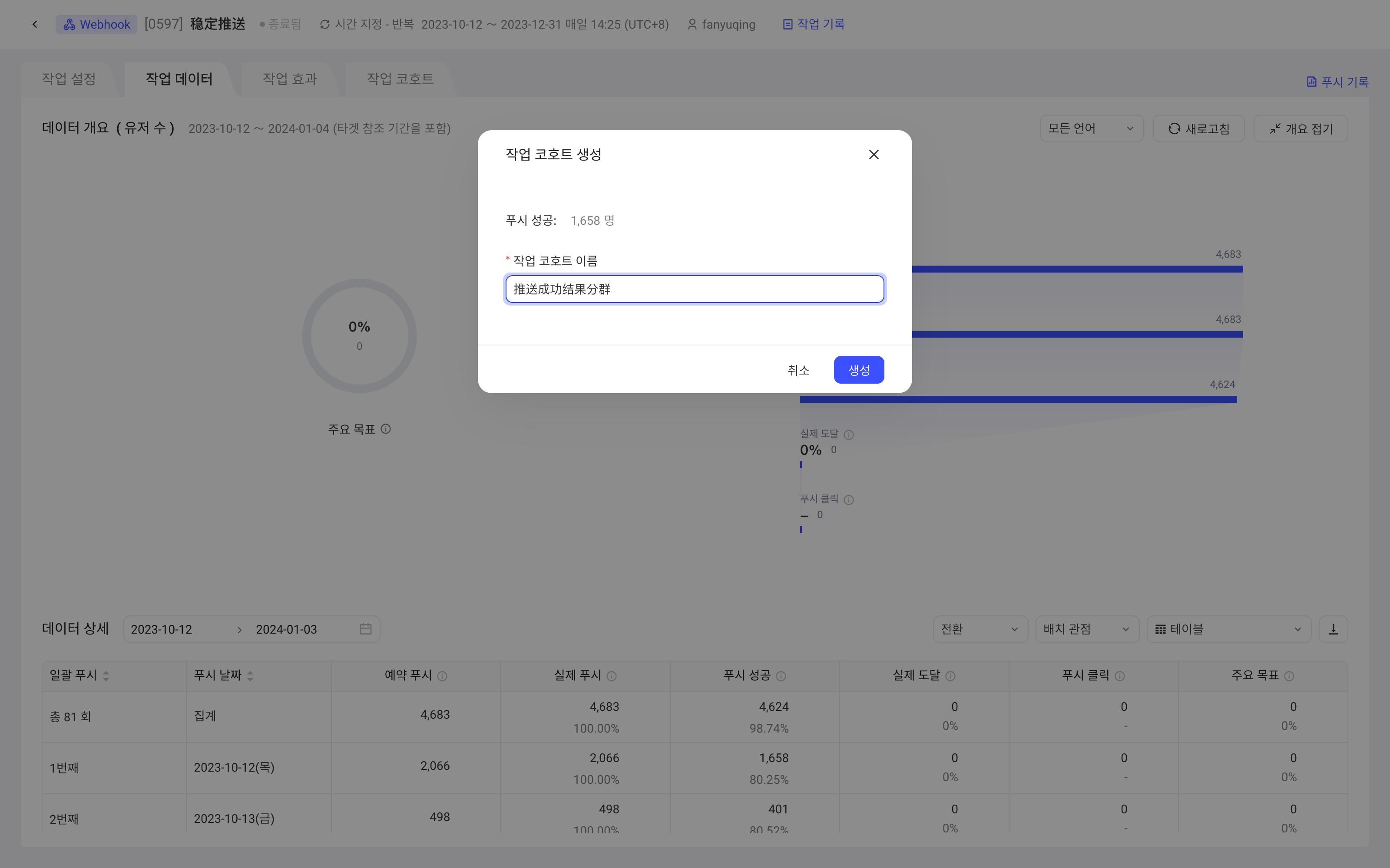在任务数据明细中点人数旁的图标，弹出「创建任务分群」弹窗并填写分群名称