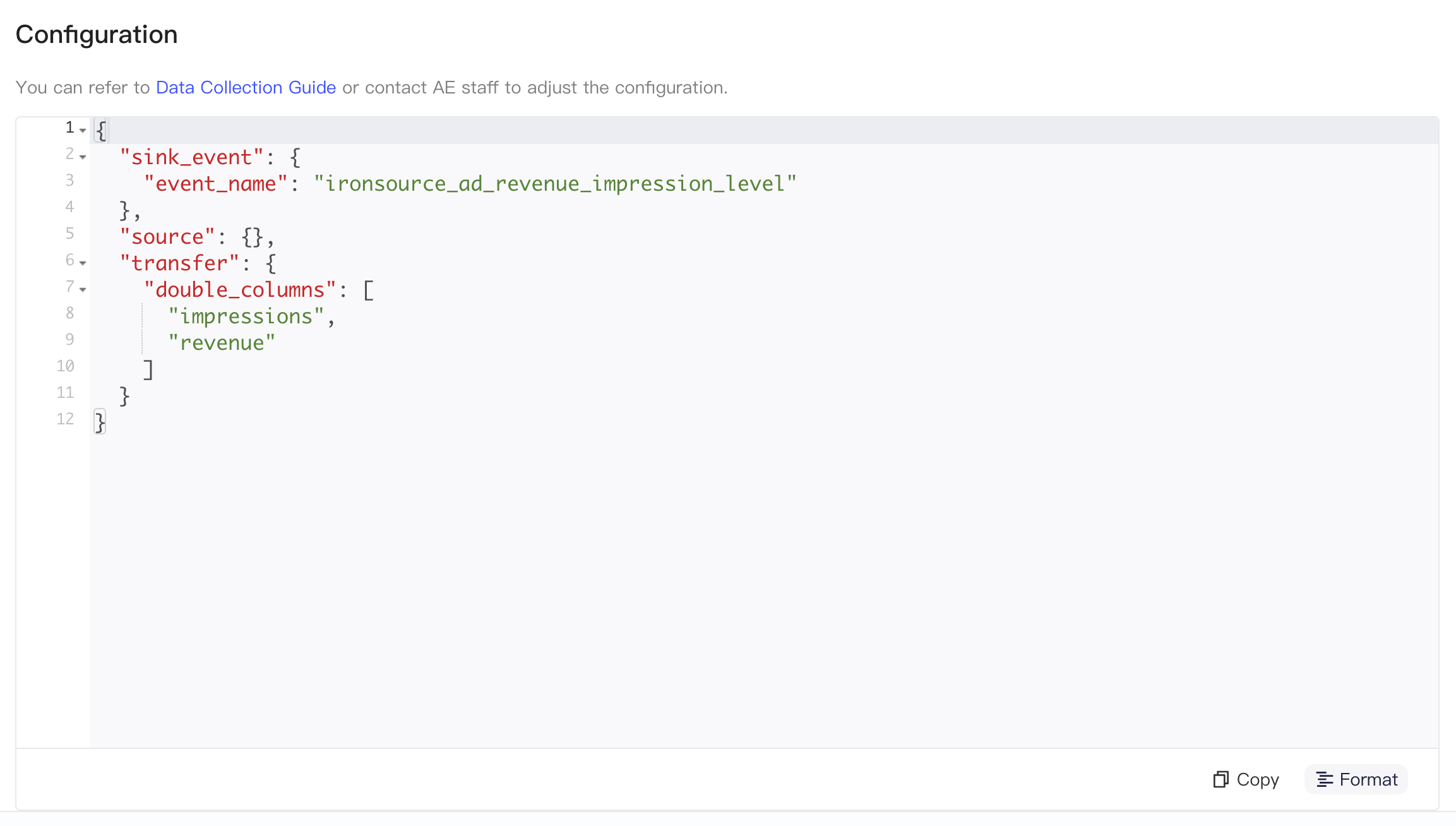 ironSource 集成配置 JSON：入库事件名和按数值处理的字段