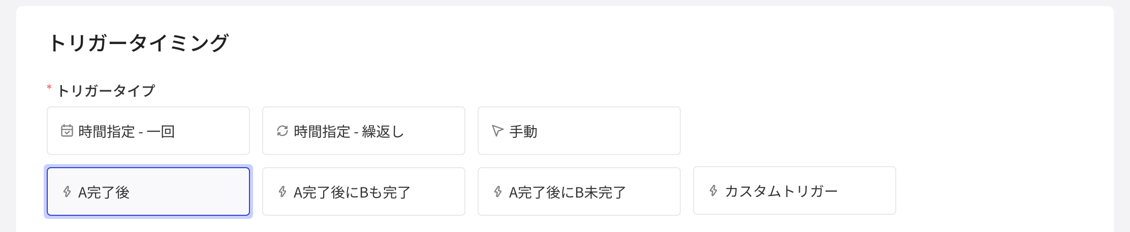 运营任务编辑页推送时机的推送类型卡片，选中「触发-完成A」，另有三种触发模式