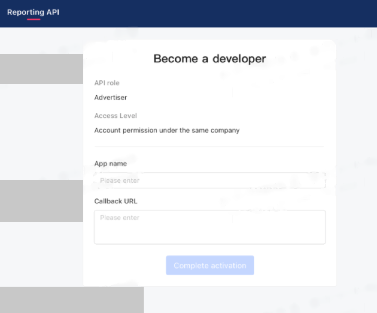 Kwai Reporting API 申请成为开发者页面，填写 App name 和 Callback URL