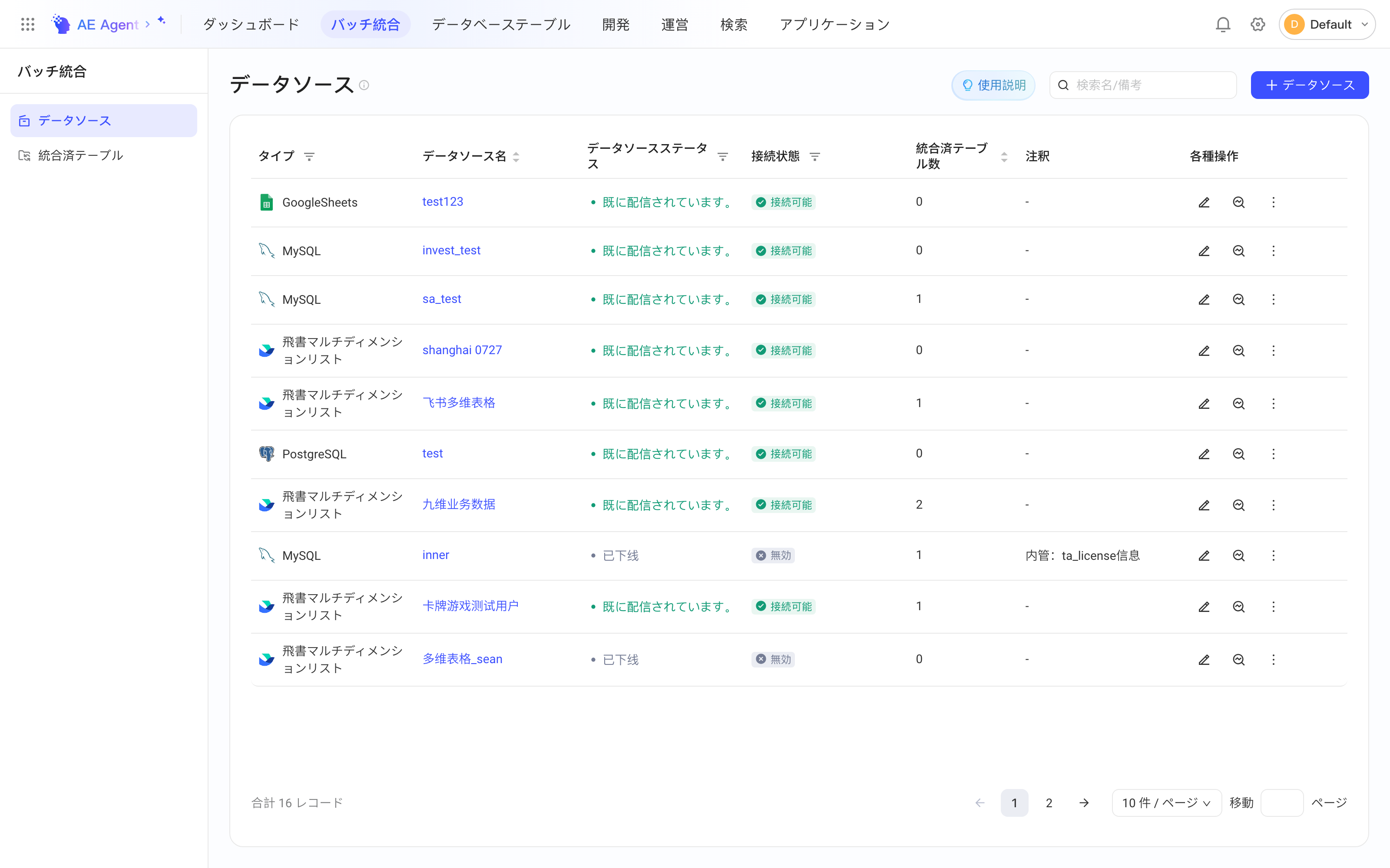 集成模块的数据源列表，显示各数据源的类型、名称、数据源状态、连通状态和集成方案数