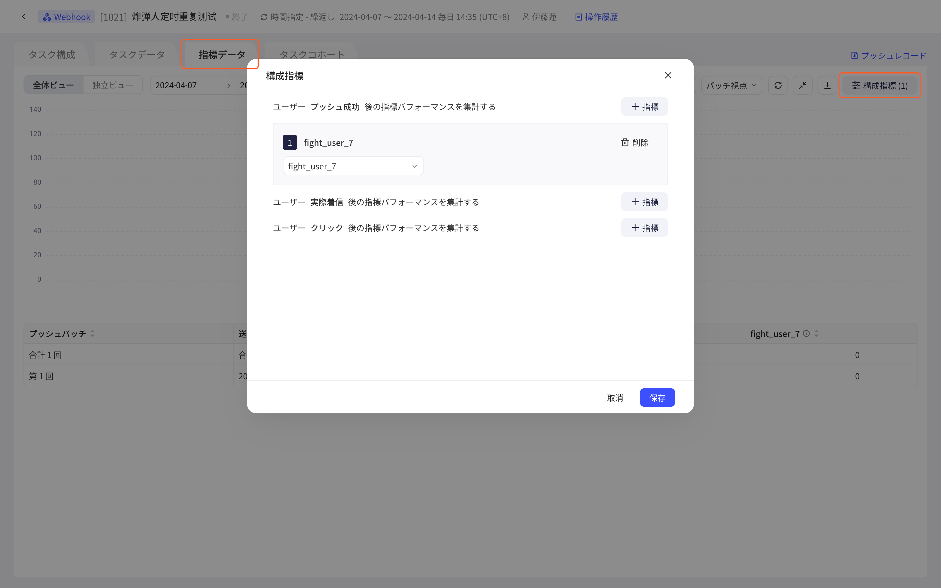 任务详情「任务效果」页打开「配置指标」弹窗，可按推送成功、实际到达、点击推送分别添加指标