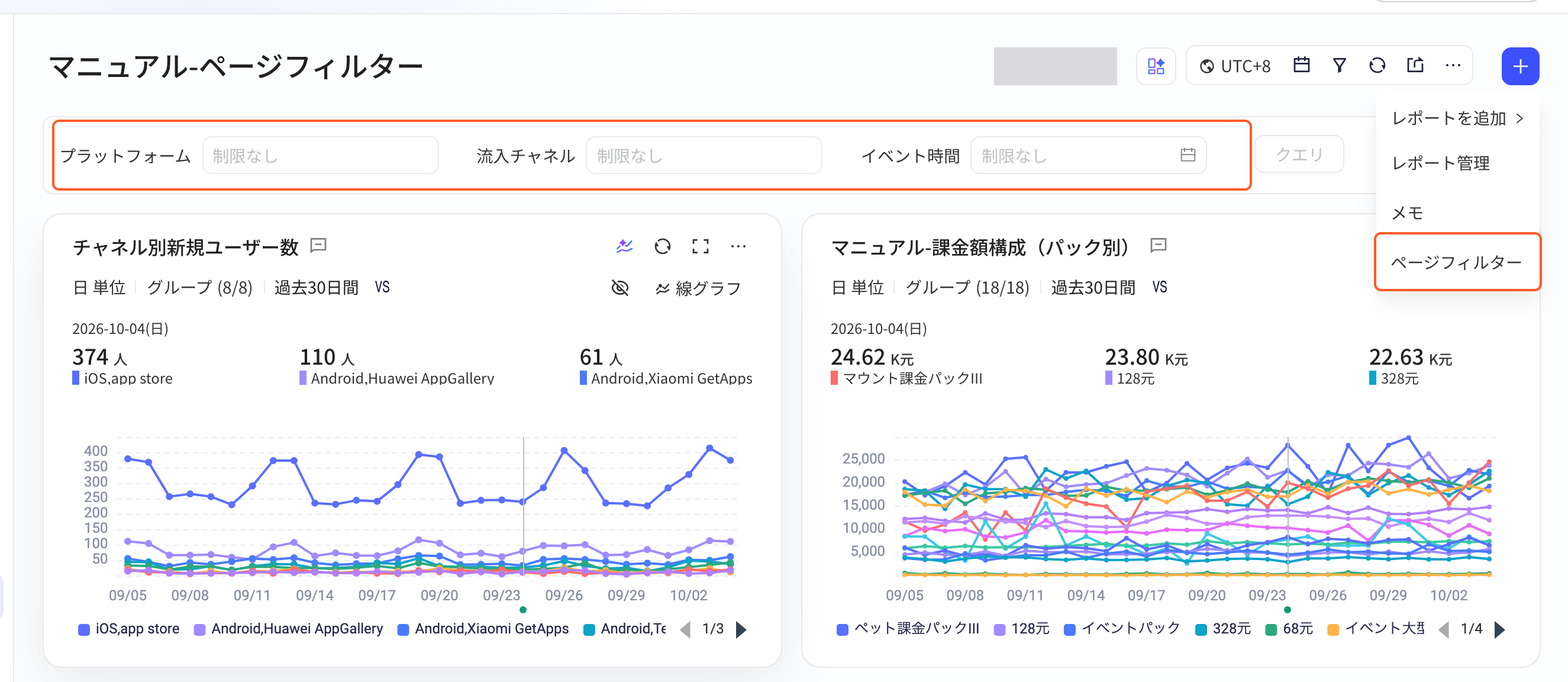 看板顶部的页面筛选栏和右上角「+」菜单里的「页面筛选」，两处都被框出