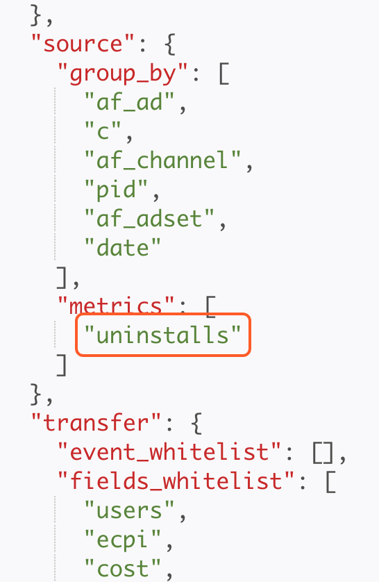 集成配置 JSON 中 source.metrics 改为 uninstalls，框出这一行