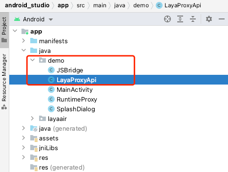 Android Studio 的 Android 视图中，LayaProxyApi 放在 demo 包下