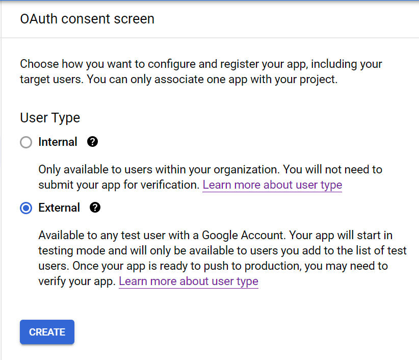 OAuth consent screen 的 User Type 选择，已选中 External