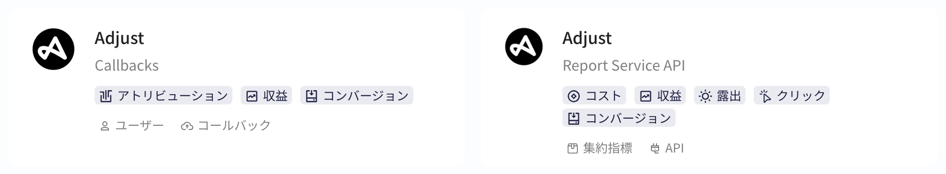 创建集成方案的平台列表中 Adjust 的实时回传和 Report Service API 两张卡片