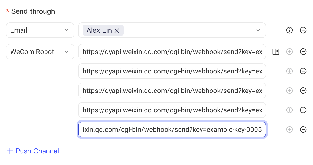 企业微信机器人渠道下填了 5 个 Webhook 地址，添加按钮已置灰