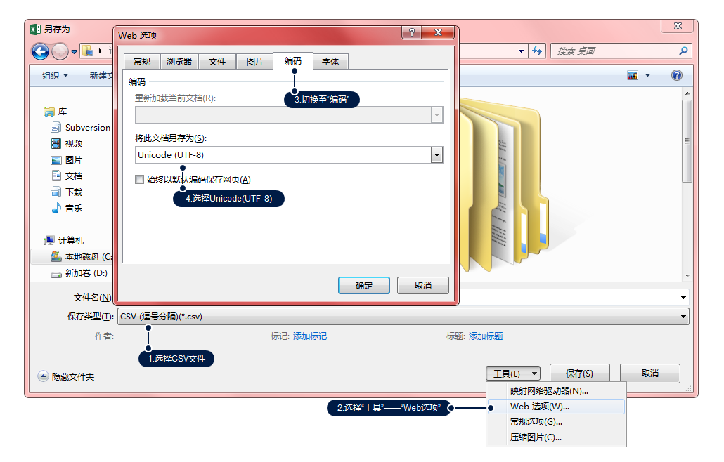 Excel「另存为」对话框：保存类型选 CSV，经「工具 → Web 选项 → 编码」选 Unicode (UTF-8)