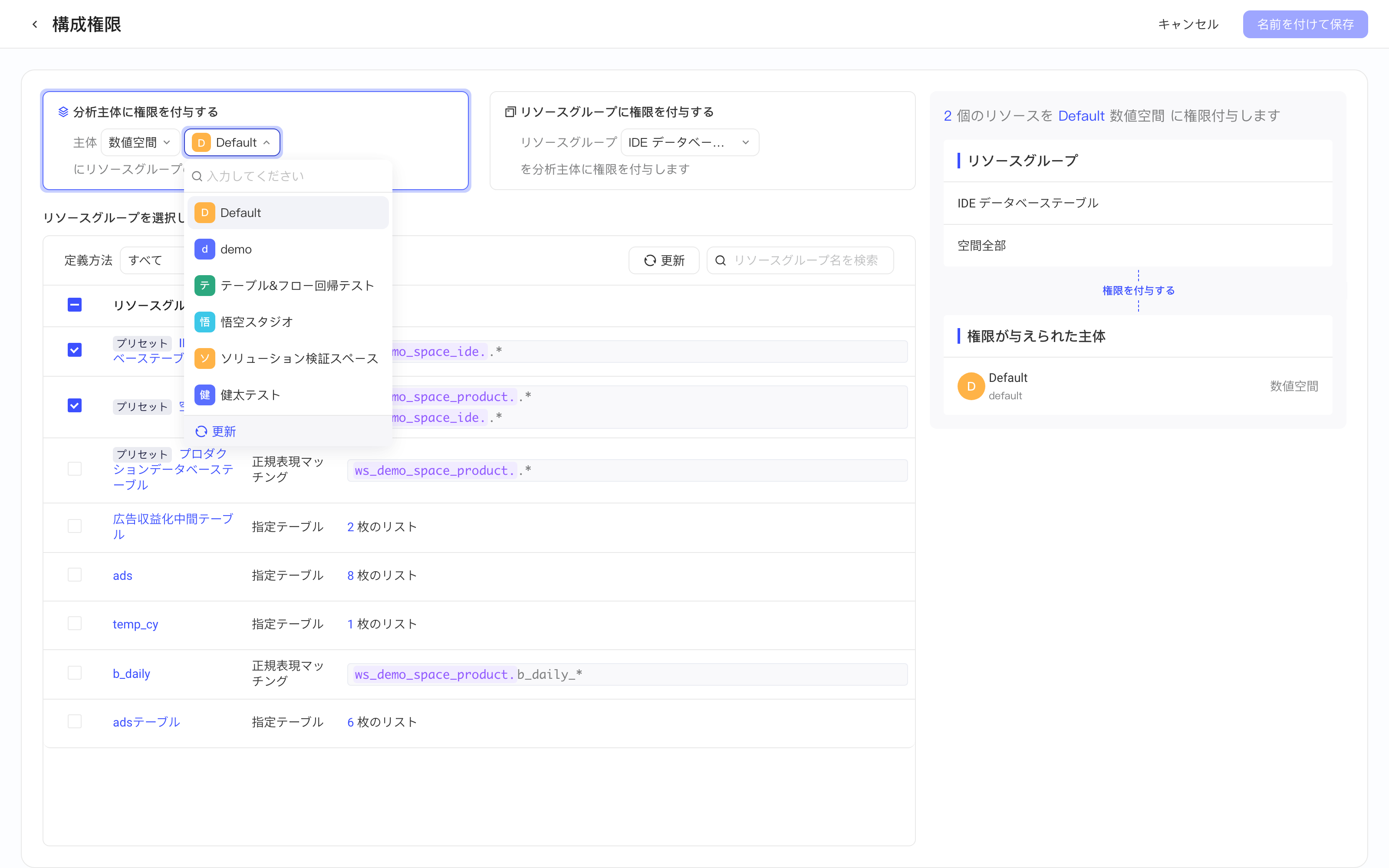 配置授权页的「为主体授权」视角，展开主体下拉选择要授权的空间或项目