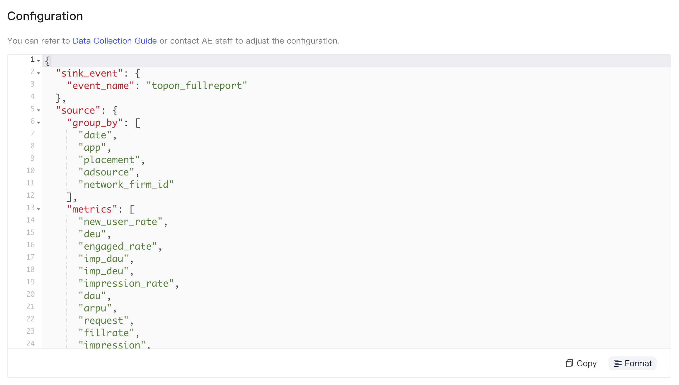 TopOn 综合报表查询 API 集成配置区块，格式化后的 JSON 含 sink_event、group_by 和 metrics