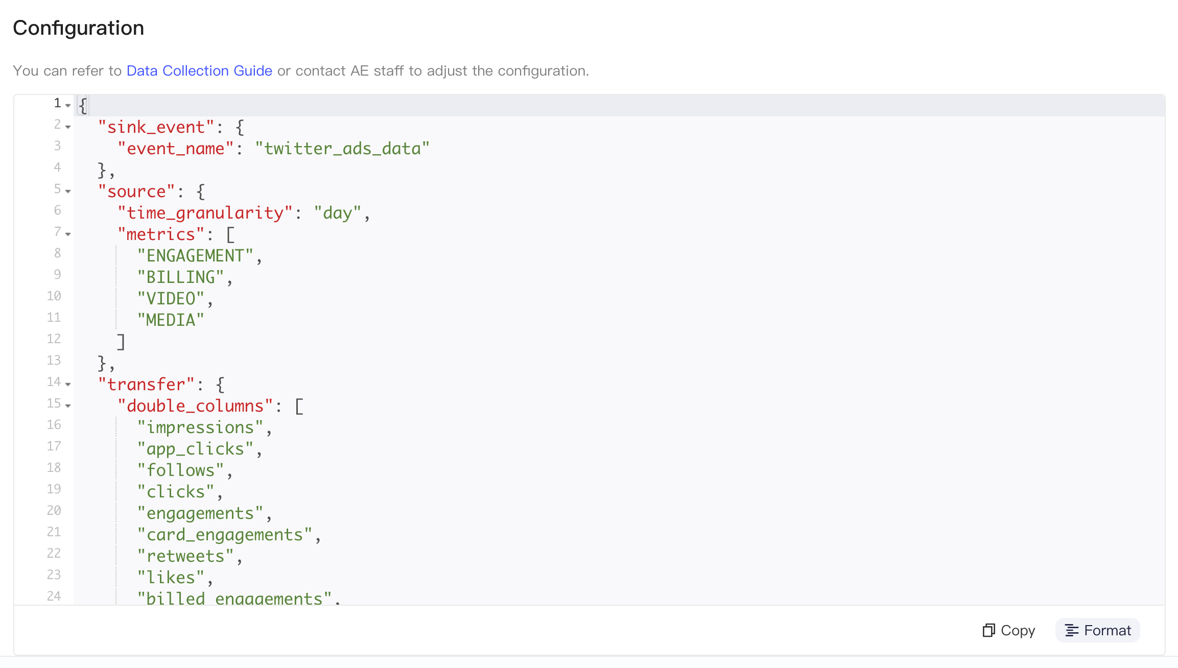 Twitter Ads 方案的集成配置 JSON，含事件名、时间粒度、指标和数值字段