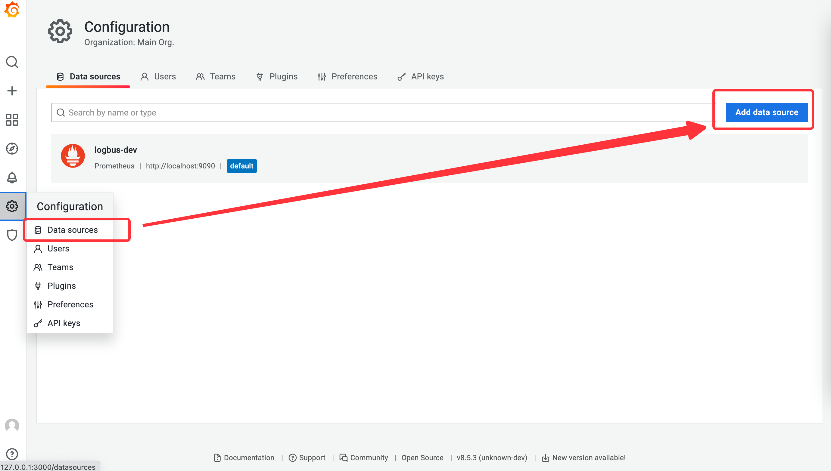 Grafana 的 Configuration 页：从左侧齿轮菜单进入 Data sources，框出右上角「Add data source」按钮