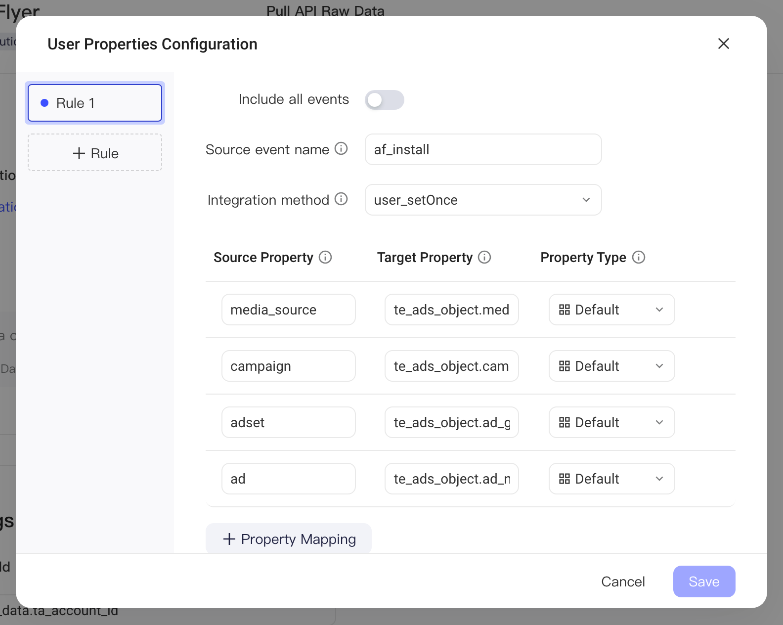 用户属性入库规则弹窗：默认规则从 af_install 事件以 user_setOnce 写入四个广告属性