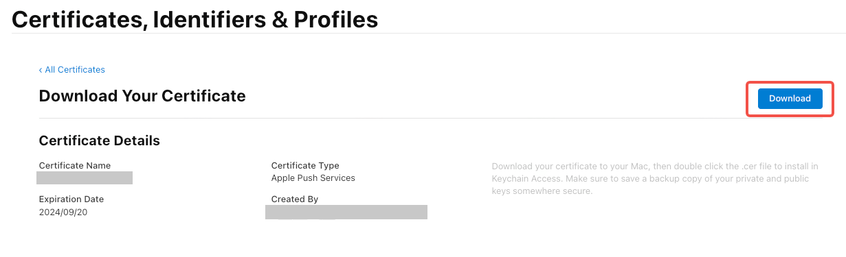 苹果开发者后台「Download Your Certificate」页，显示证书详情，框出右上角「Download」按钮