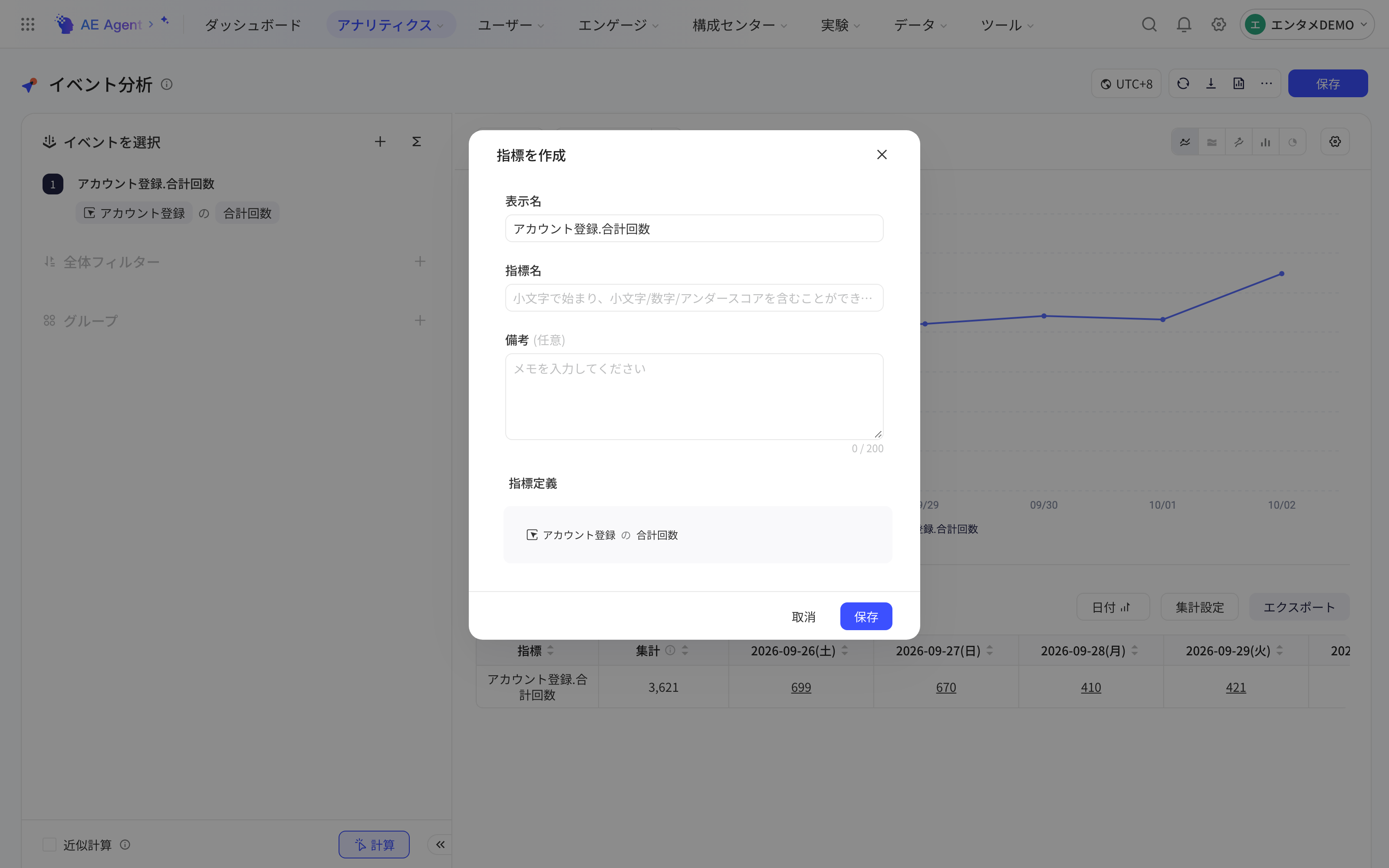事件分析中的创建指标弹窗，填写显示名、指标名、备注并带入指标口径
