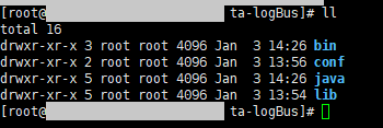 终端执行 ll 查看 LogBus 目录：运行独立 JDK 安装脚本后，bin、conf、lib 旁新增了 java 目录