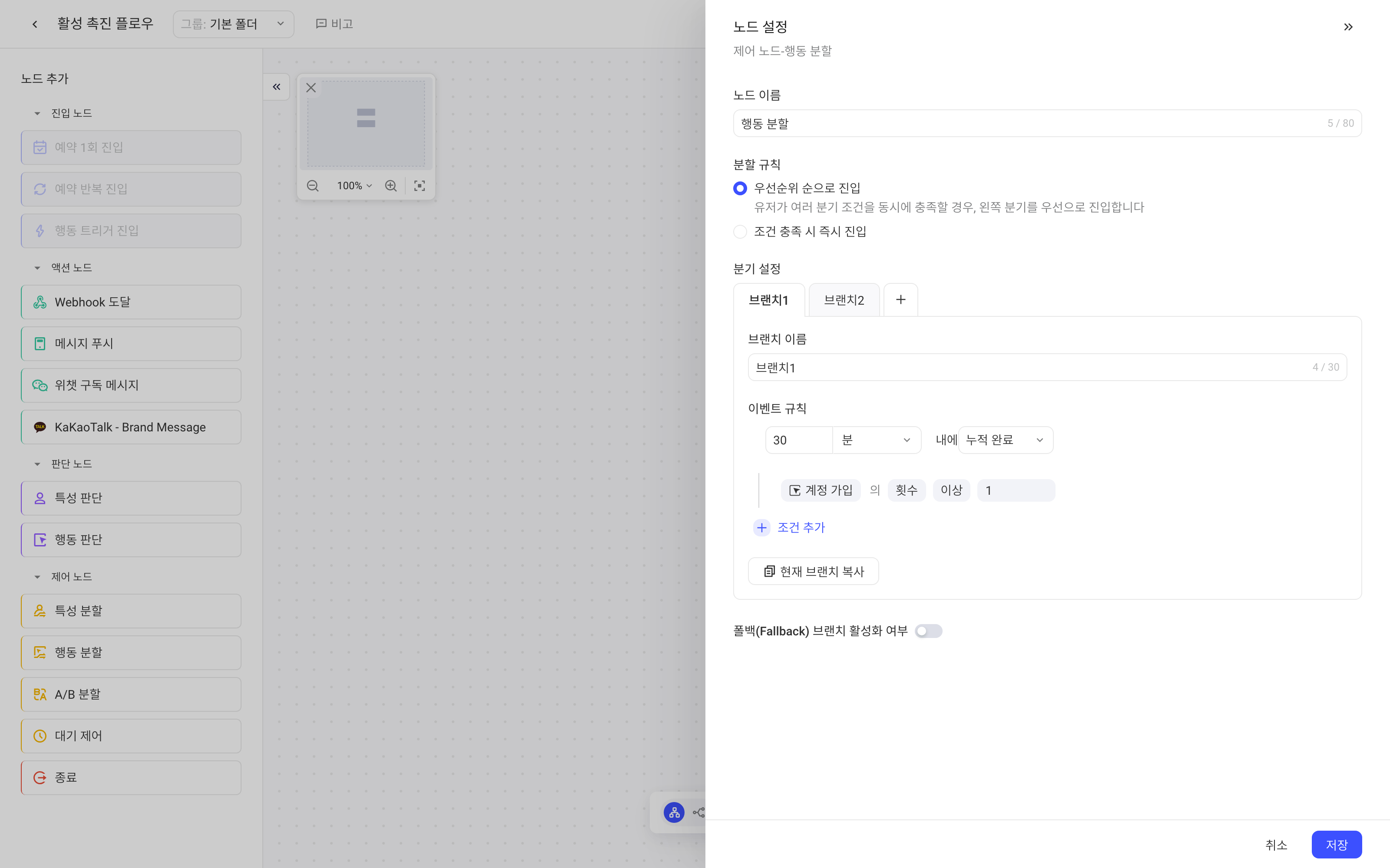 「行为分流」节点配置抽屉，含分流规则、分支事件规则和兜底分支开关