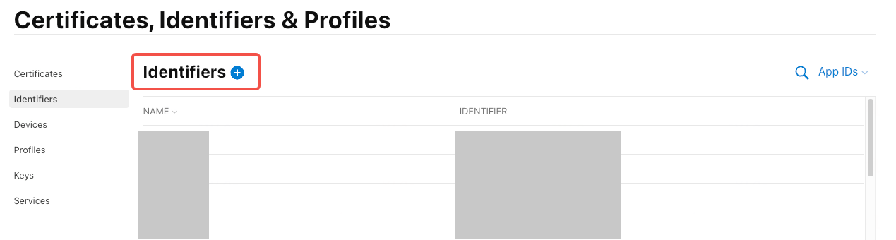 苹果开发者后台「Certificates, Identifiers & Profiles」的 Identifiers 列表，框出标题旁的「+」新建按钮