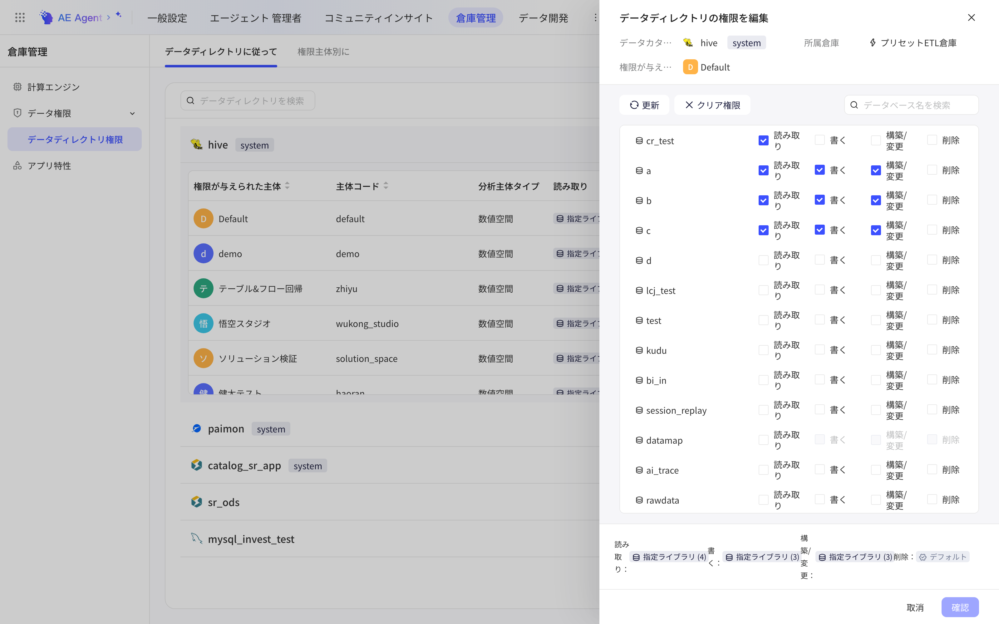 编辑数据目录权限抽屉，为主体 Default 设置 hive 下各库的读、写、建/改、删权限