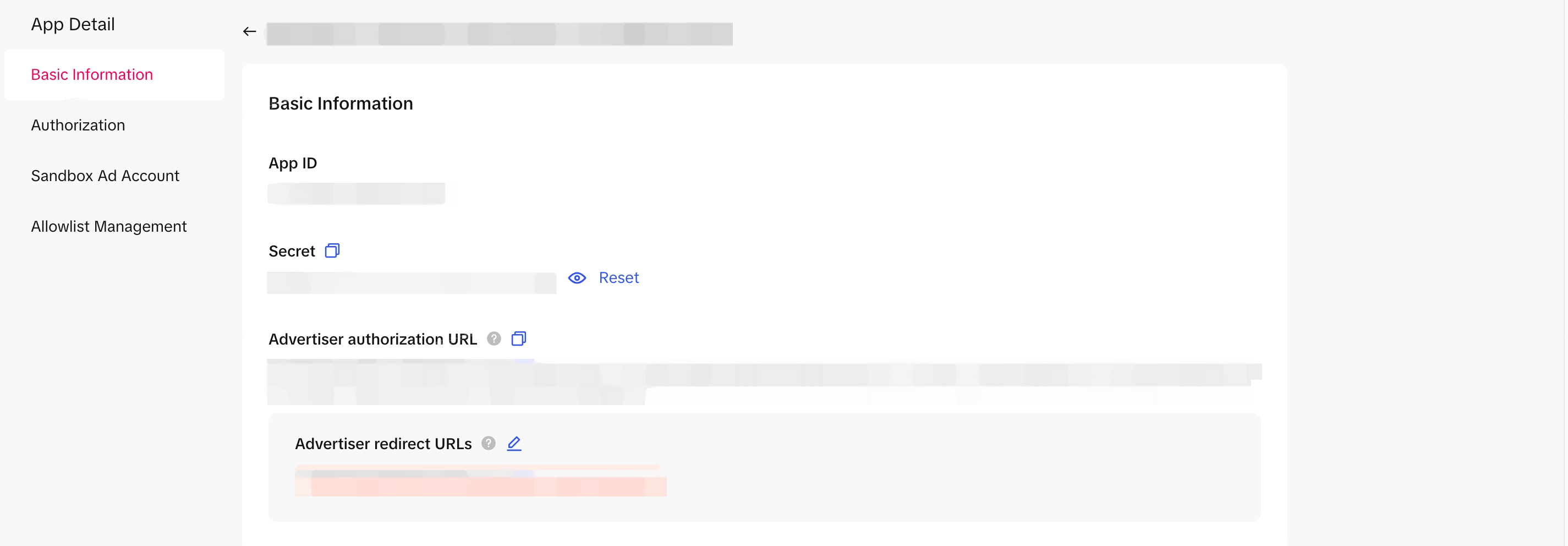 TikTok 应用详情的 Basic Information 页，含 App ID、Secret、授权地址和 Advertiser redirect URLs