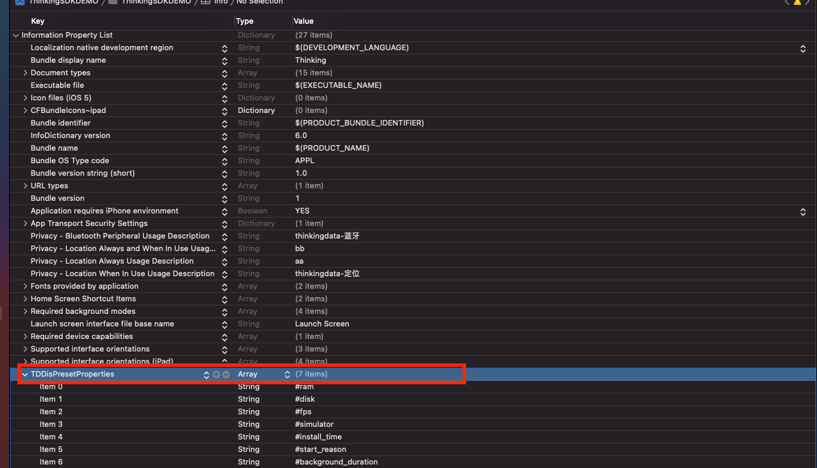 Xcode 的 Info.plist 中新增 TDDisPresetProperties 数组，列出不采集的预置属性