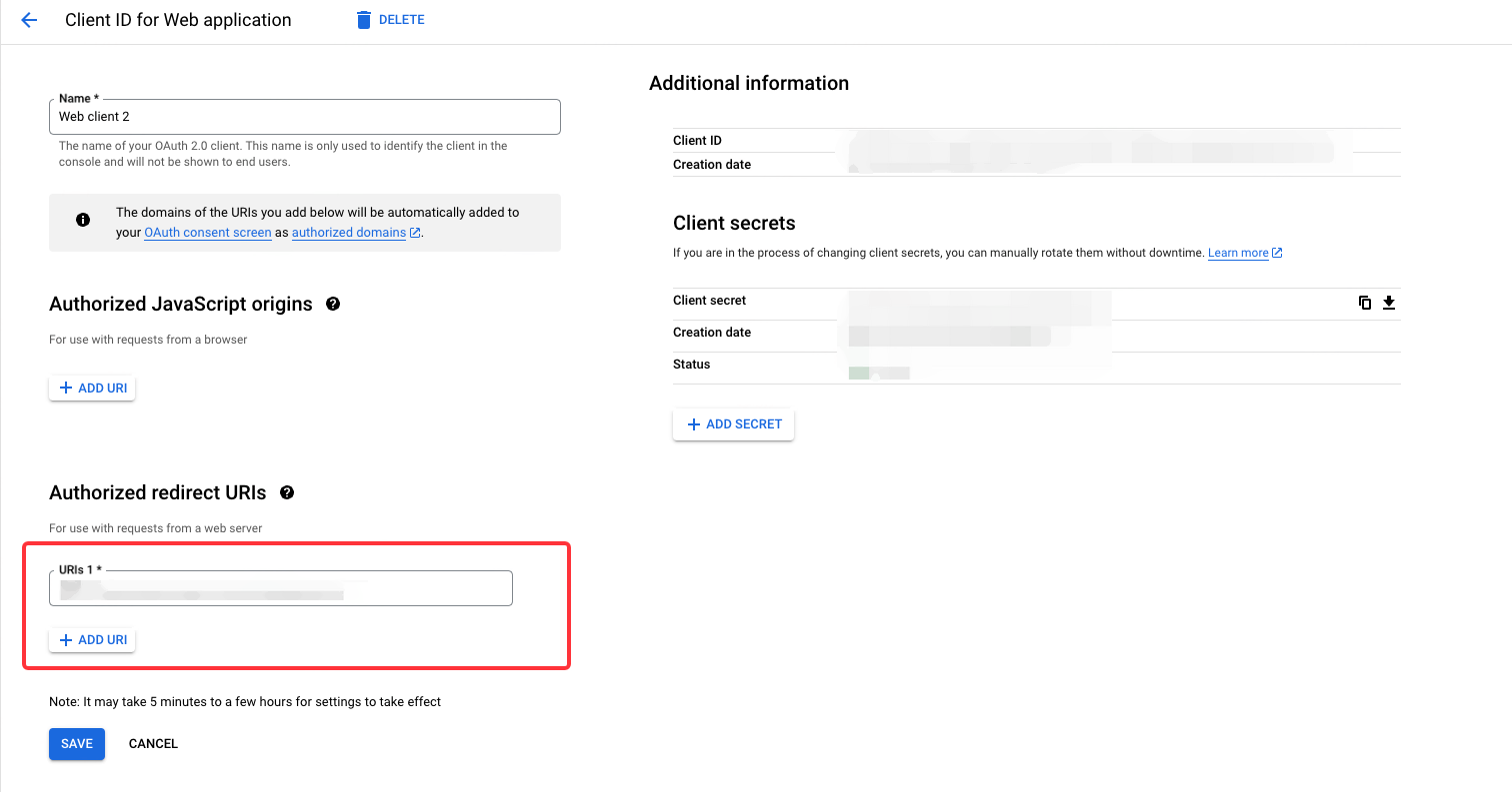 Google Cloud 控制台 OAuth 客户端编辑页，框出 Authorized redirect URIs 的填写位置