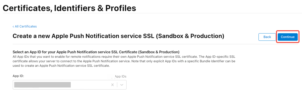 苹果开发者后台创建 APNs SSL 证书页，在「App ID」下拉框选中应用后，框出右上角「Continue」按钮