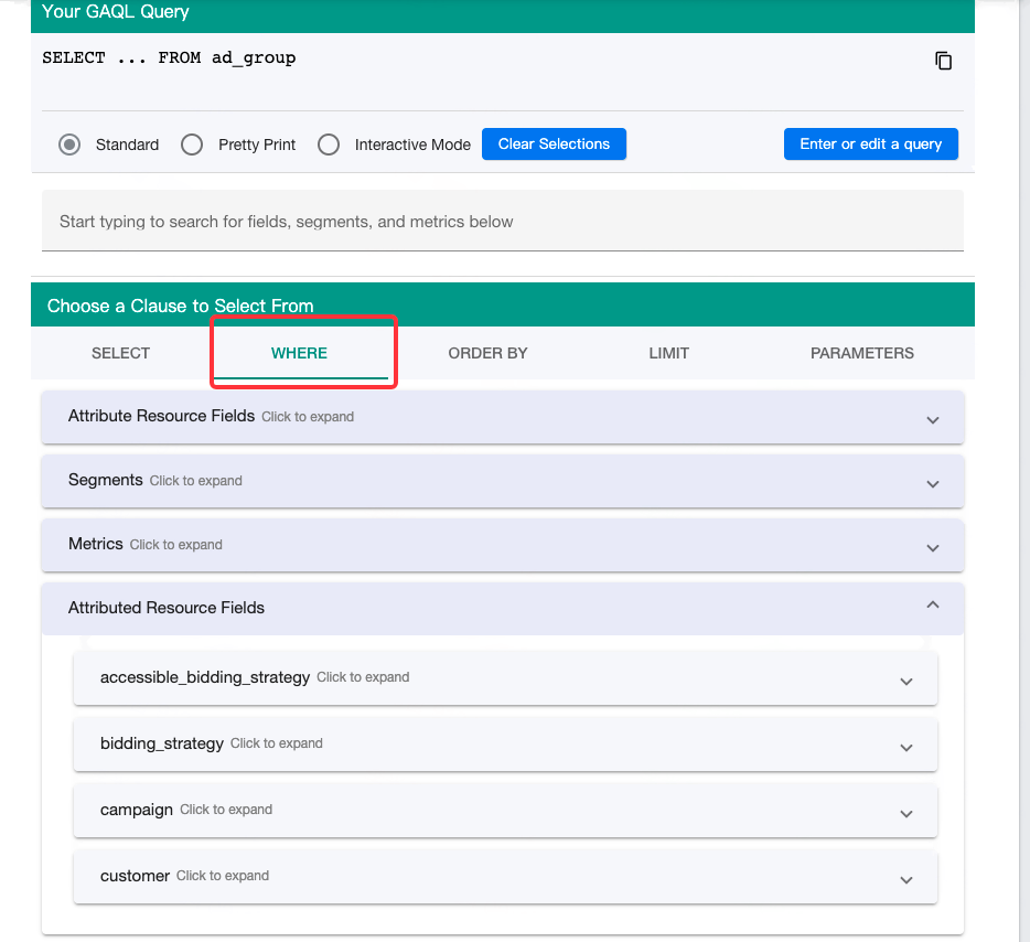 GAQL 查询辅助页，框出 Choose a Clause 下的 WHERE 标签