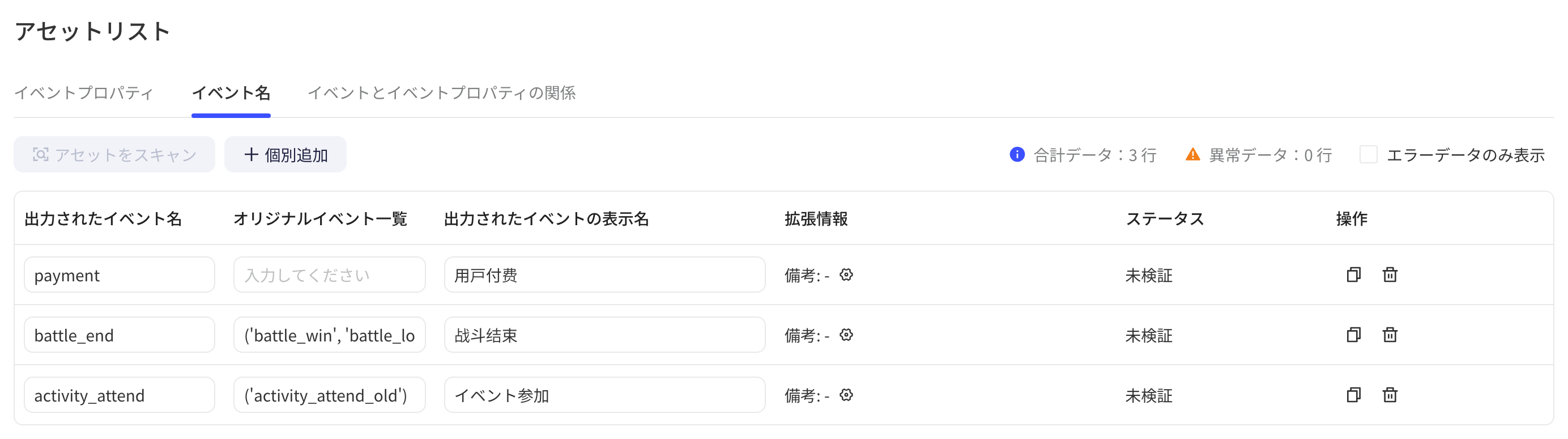 事件名 tab 的 3 行事件资产：输出事件名、原始事件列表、显示名
