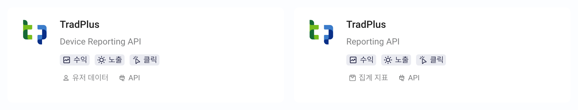 选择三方集成平台中 TradPlus 的设备层级数据报告 API 和综合报表查询 API 两张卡片