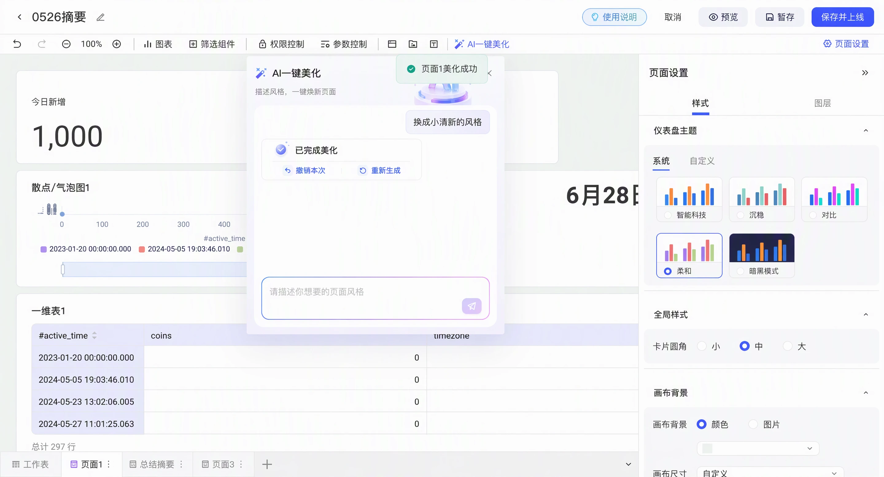 AI 一键美化完成，面板显示「已完成美化」及撤销本次、重新生成，顶部提示美化成功