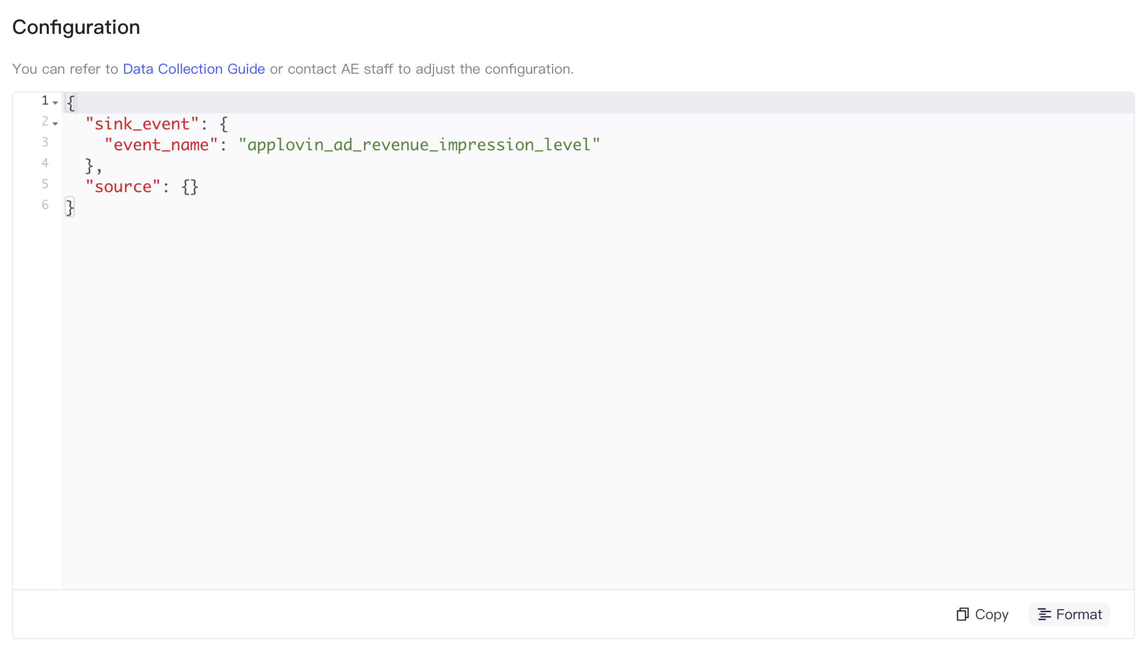 User Revenue API 集成配置 JSON，指定入库事件名