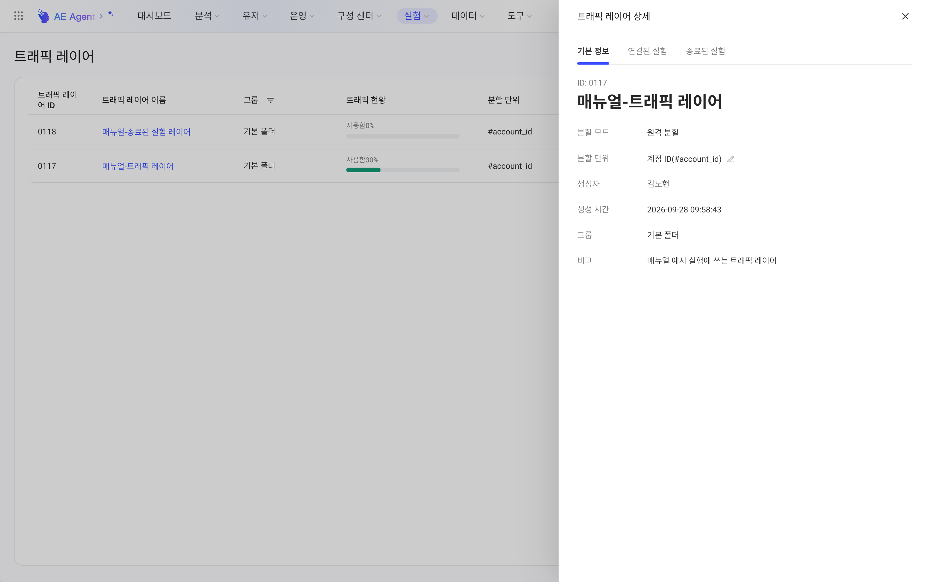 流量层详情抽屉的基本信息页，展示层 ID、分流模式、分流主体、创建信息和备注
