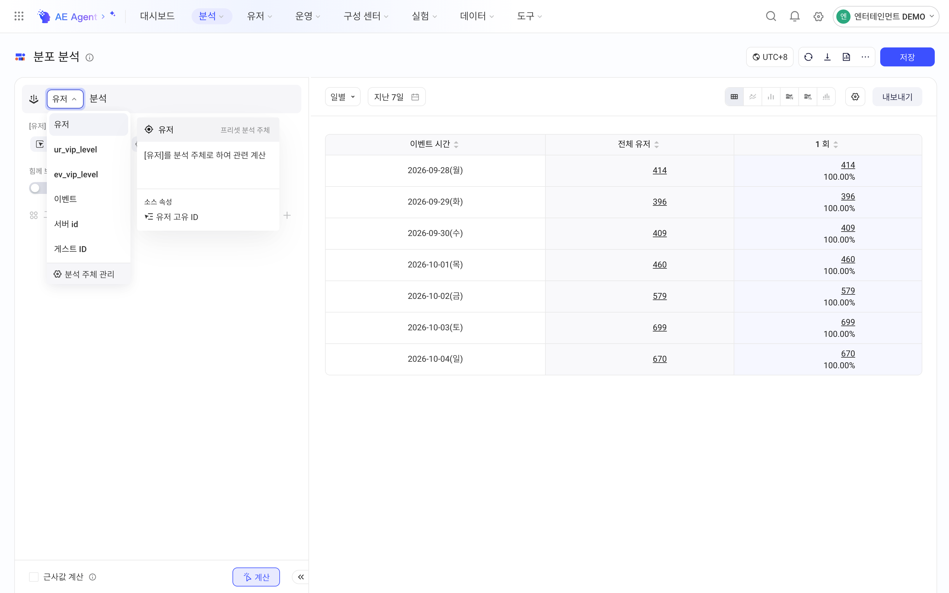 分布分析的分析主体下拉，悬停「用户」时显示说明和来源属性