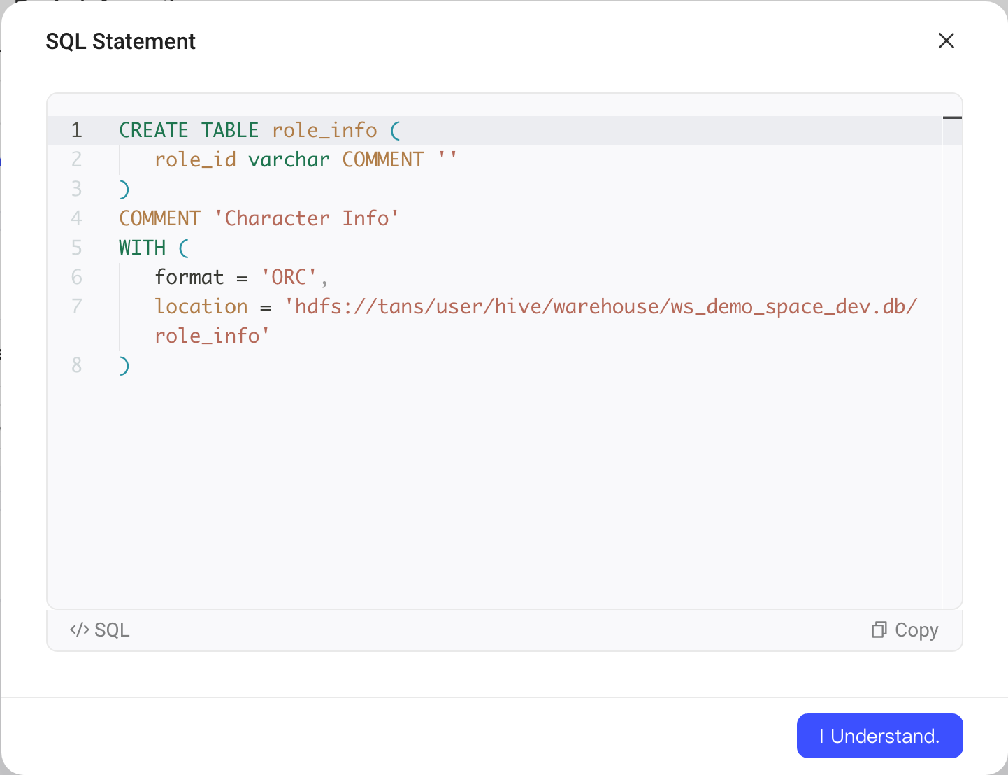 点「预览DDL」弹出的 SQL 语句弹窗，显示按向导配置生成的建表语句