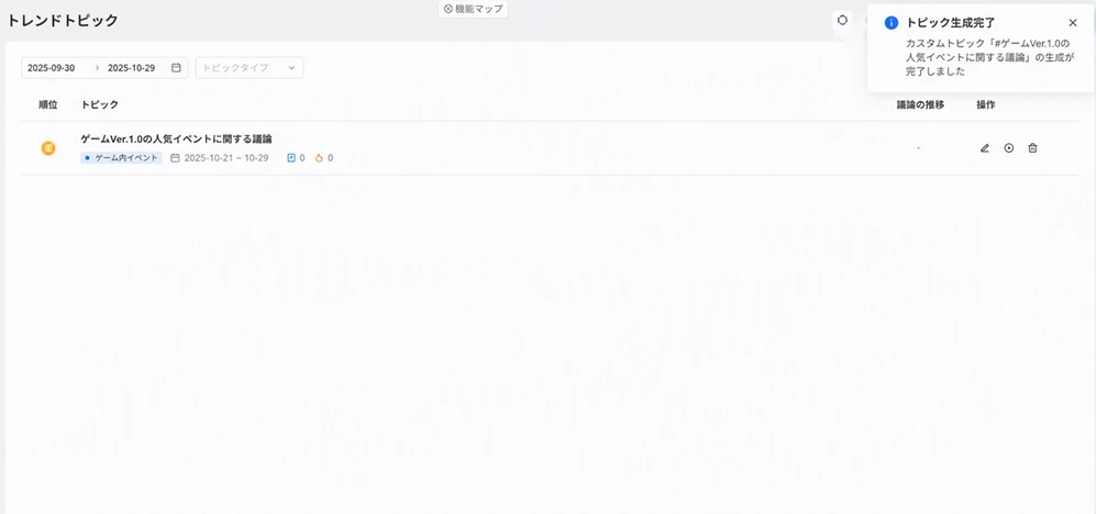 热点话题页右上角弹出「话题生成完成」通知