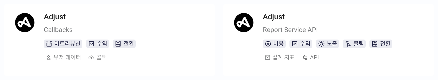 创建集成方案的平台列表中 Adjust 的实时回传和 Report Service API 两张卡片