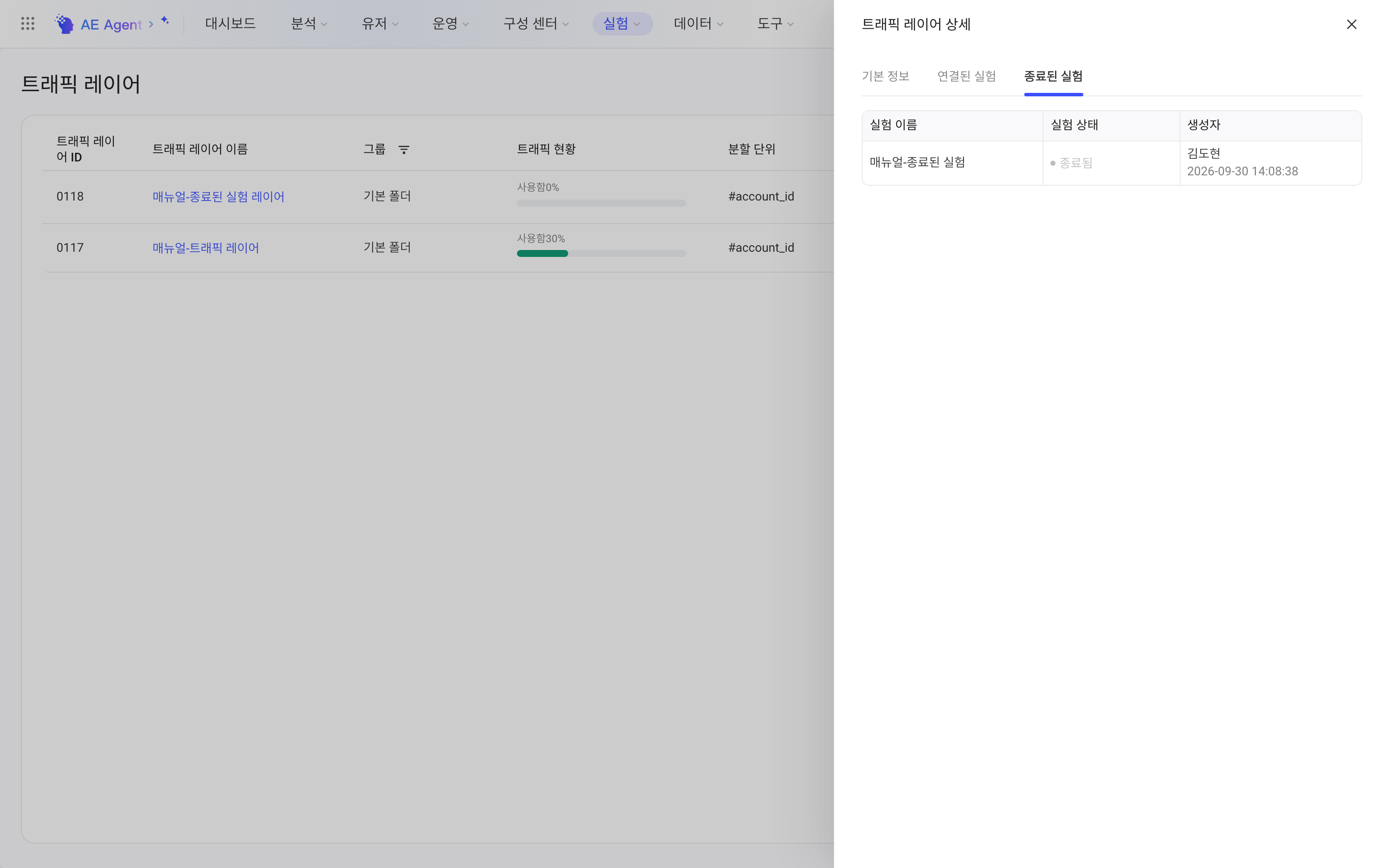 流量层详情抽屉的已结束实验页，列出在该流量层中已结束的实验
