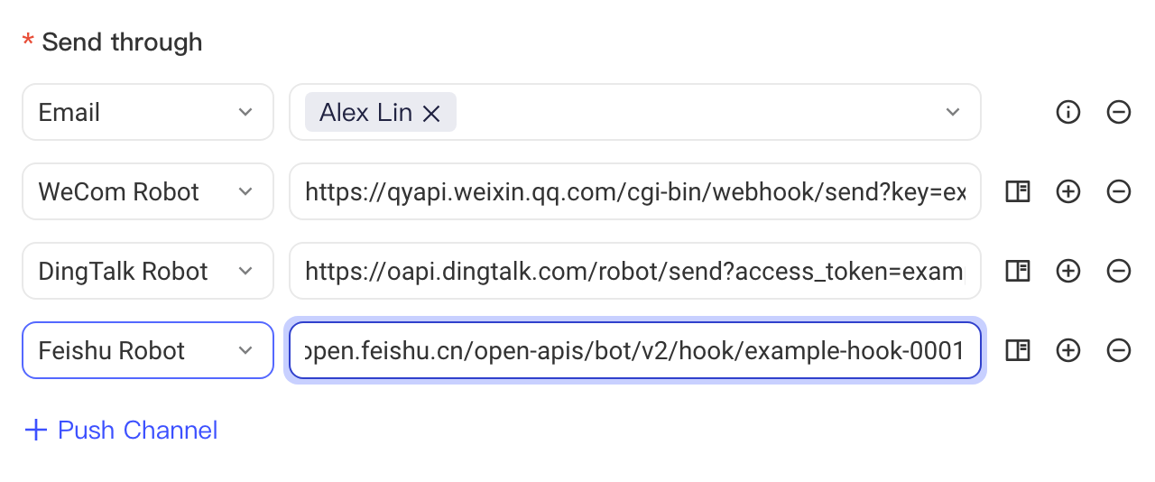 推送渠道区新增飞书机器人一行并填写 Webhook 地址