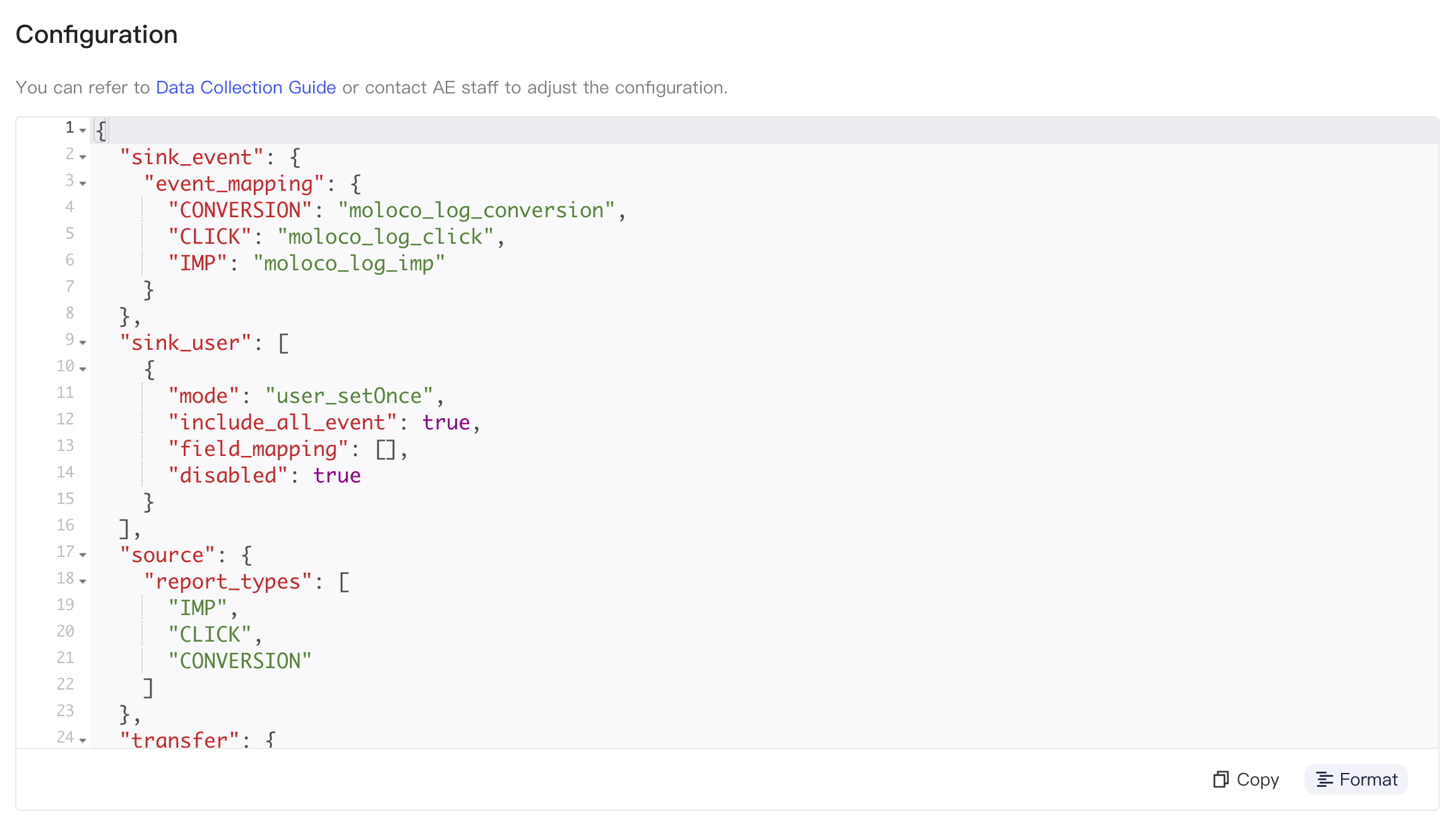 Moloco Log API 的集成配置 JSON，含事件映射、报告类型和数值字段