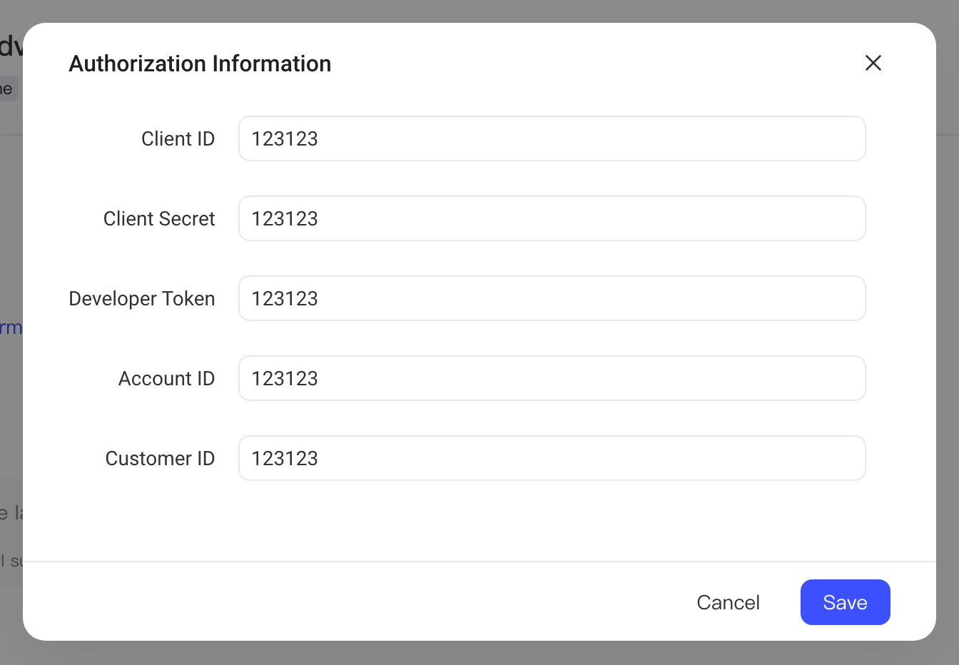 授权信息弹窗，五项授权信息（Client ID、Secret、Developer Token 等）填入示例值
