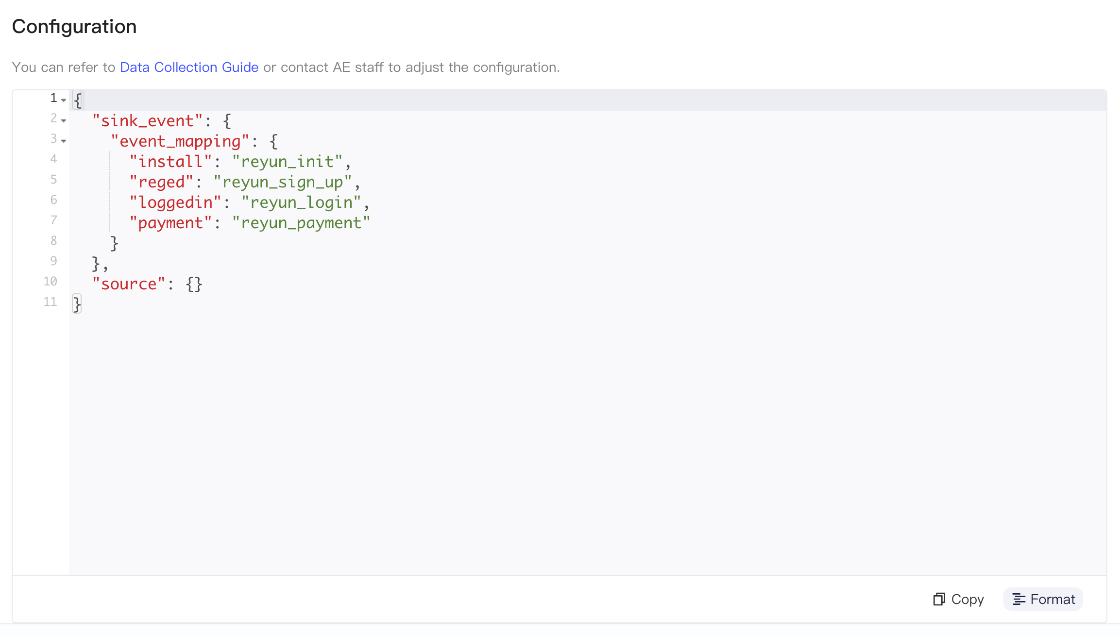 热云集成配置区块，JSON 的 event_mapping 把回传事件映射为 reyun_ 开头的事件名