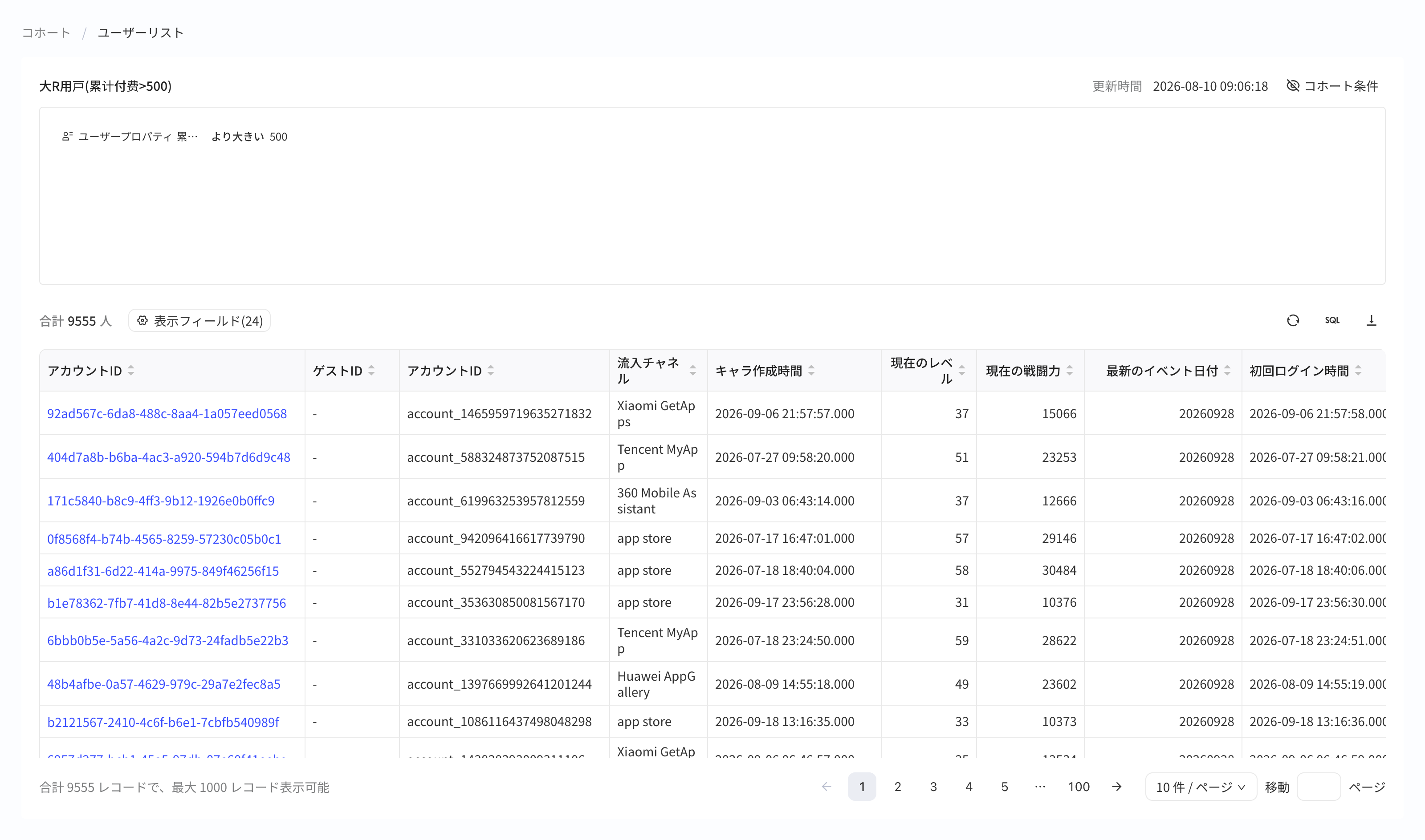 分群用户列表页，上方显示分群条件，下方用户表格及更新、SQL、下载按钮