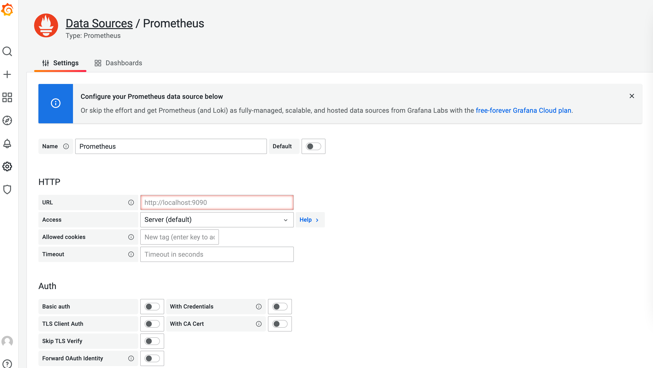 Grafana 的 Prometheus 数据源设置页：在 HTTP 区的 URL 输入框填写 Prometheus 服务地址