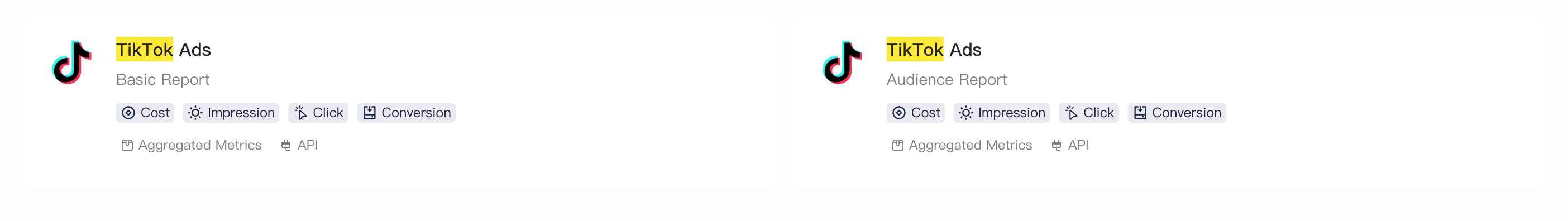 选择三方集成平台中 TikTok Ads 的 Basic Report 和 Audience Report 卡片
